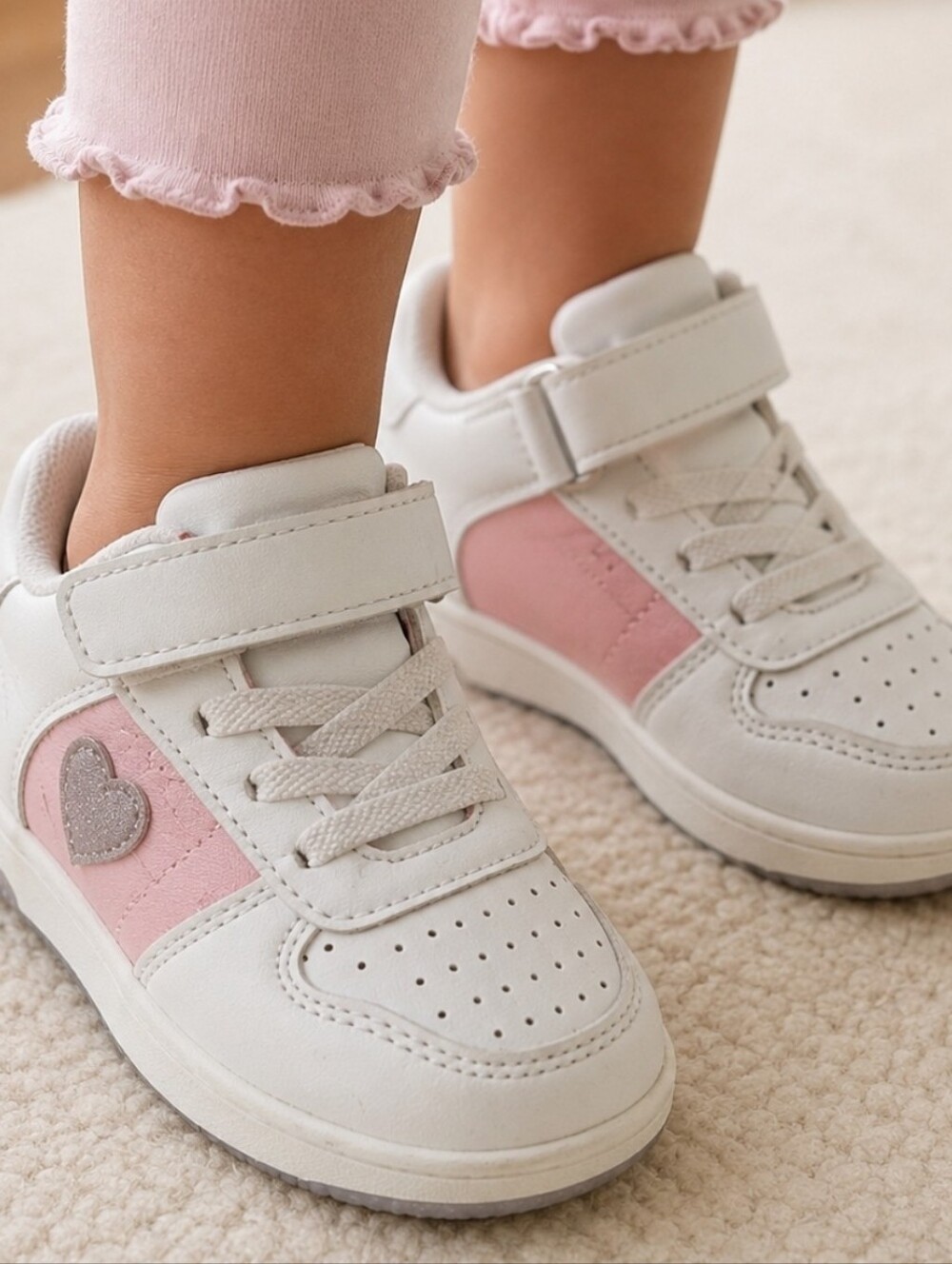 First Step Toddler Girls White & Pink Heart Sneakers Size 5